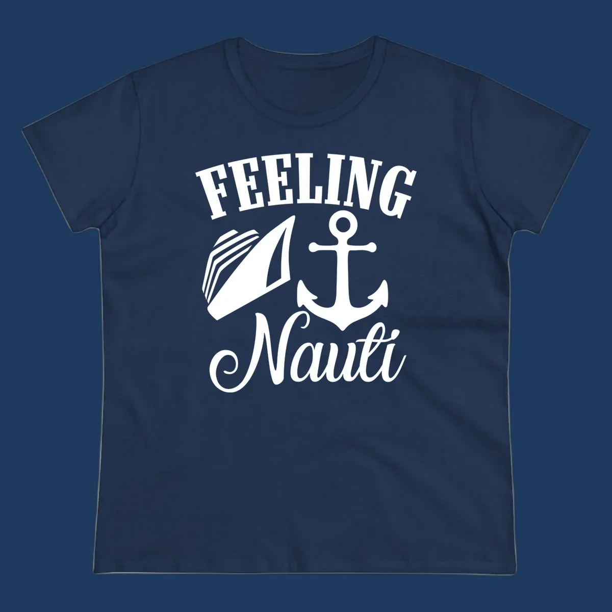 White anchor and sailboat illustration with 'FEELING NAUTI' text on gray background, nautical cruise design