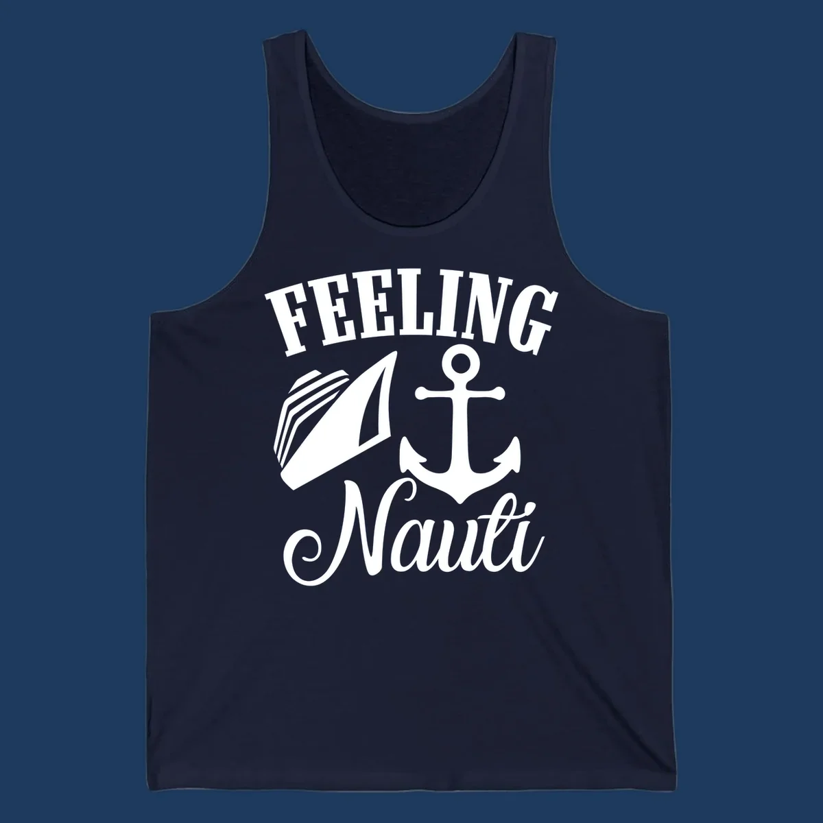 White anchor and sailboat illustration with 'FEELING NAUTI' text on gray background, nautical cruise design