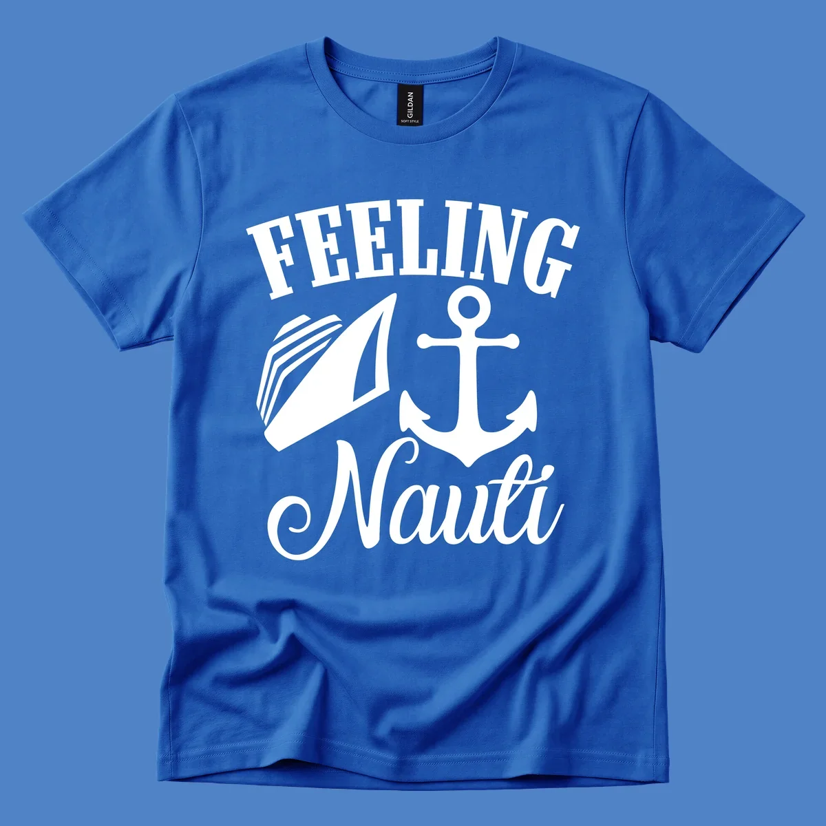 White anchor and sailboat illustration with 'FEELING NAUTI' text on gray background, nautical cruise design