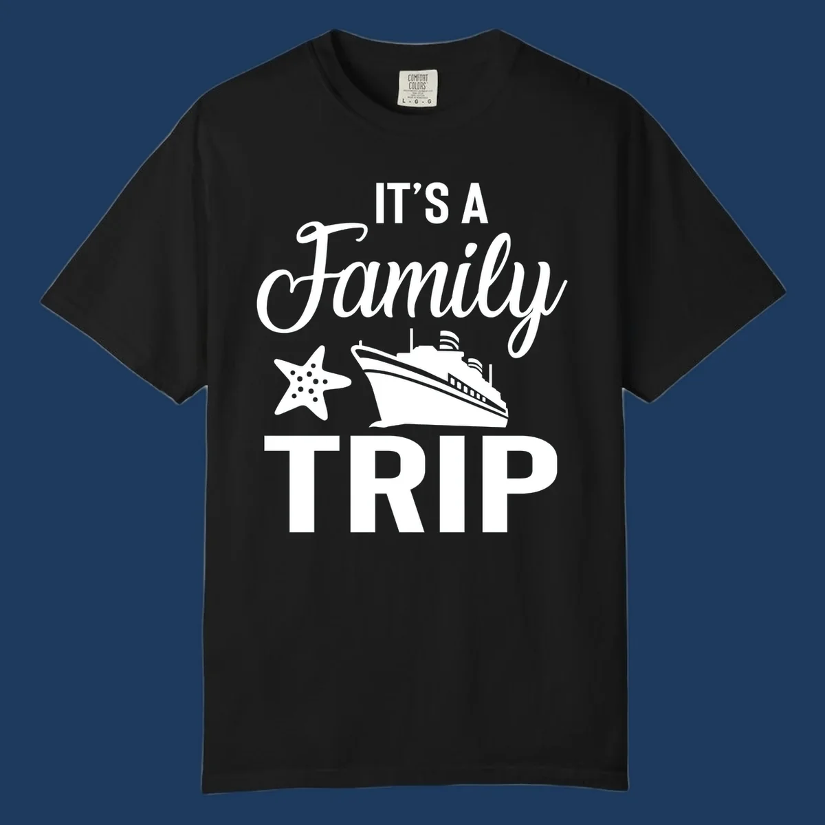 White cruise ship and starfish with text reading 'It's A Family Trip' on gray background
