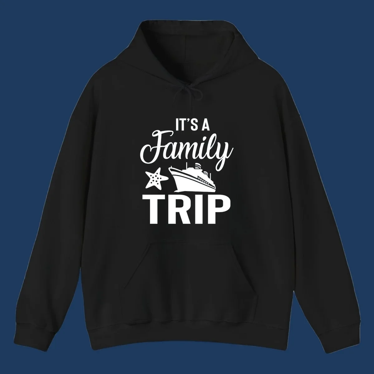 White cruise ship and starfish with text reading 'It's A Family Trip' on gray background