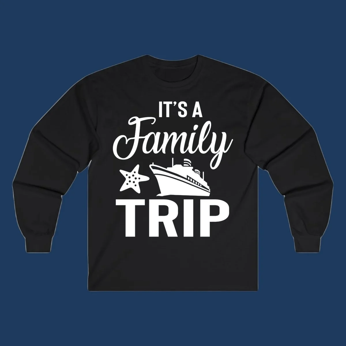 White cruise ship and starfish with text reading 'It's A Family Trip' on gray background