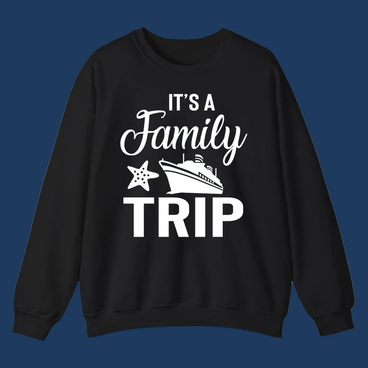 White cruise ship and starfish with text reading 'It's A Family Trip' on gray background