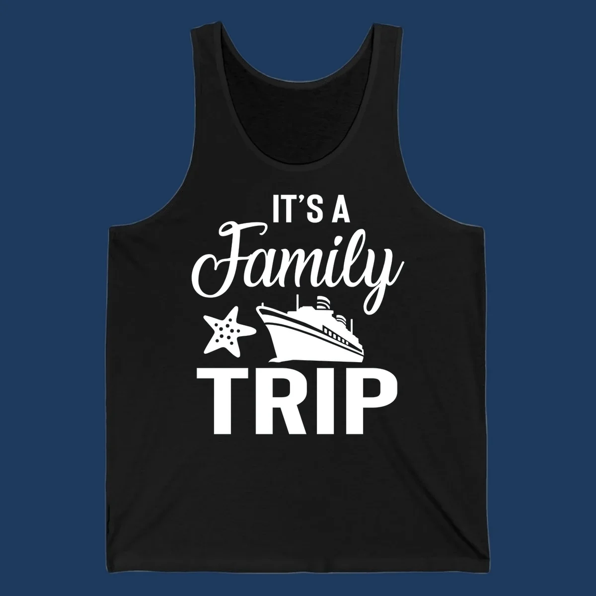 White cruise ship and starfish with text reading 'It's A Family Trip' on gray background