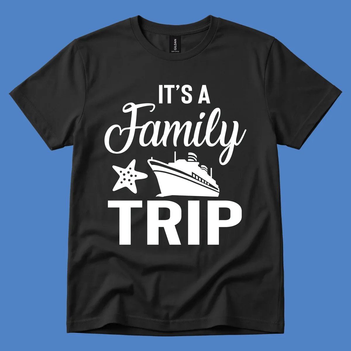 White cruise ship and starfish with text reading 'It's A Family Trip' on gray background