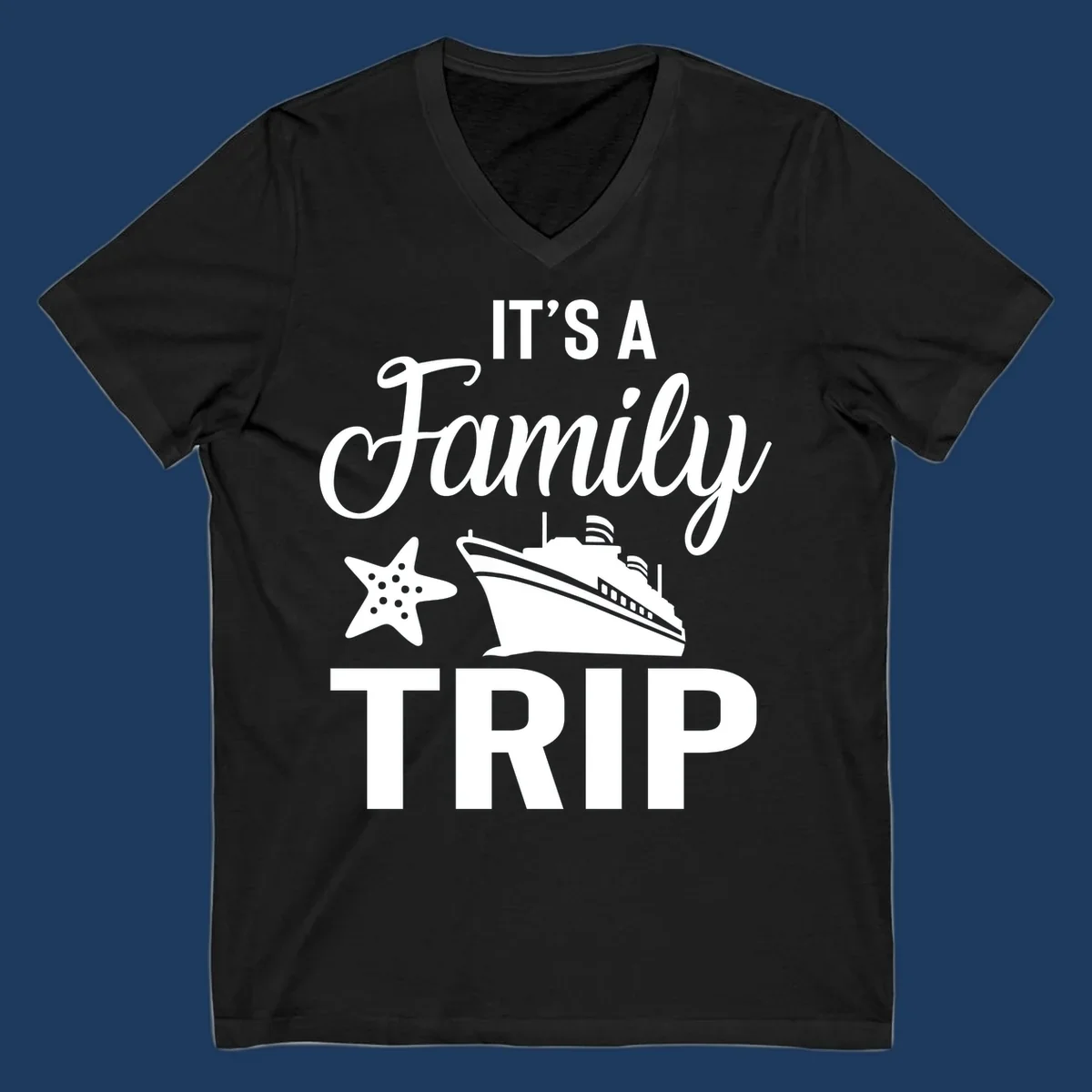 White cruise ship and starfish with text reading 'It's A Family Trip' on gray background