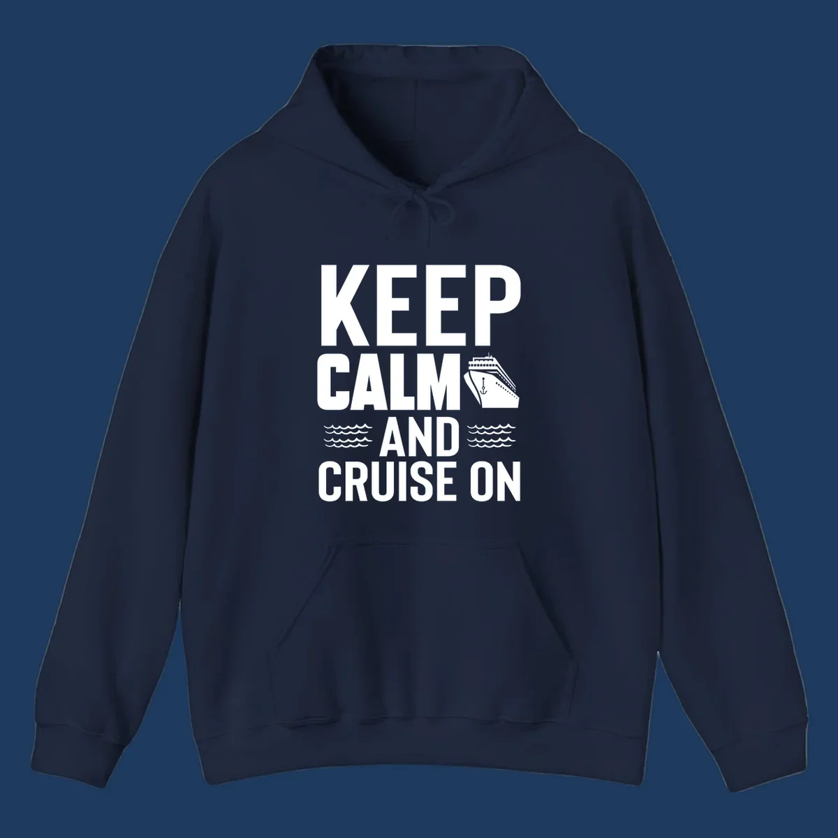 Keep calm and cruise on design with white text, cruise ship illustration, and ocean waves on gray background