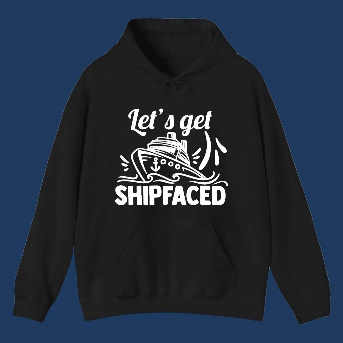 White illustration of a cruise ship with anchor and waves, text reads 'Let's get shipfaced' in bold italics on gray background
