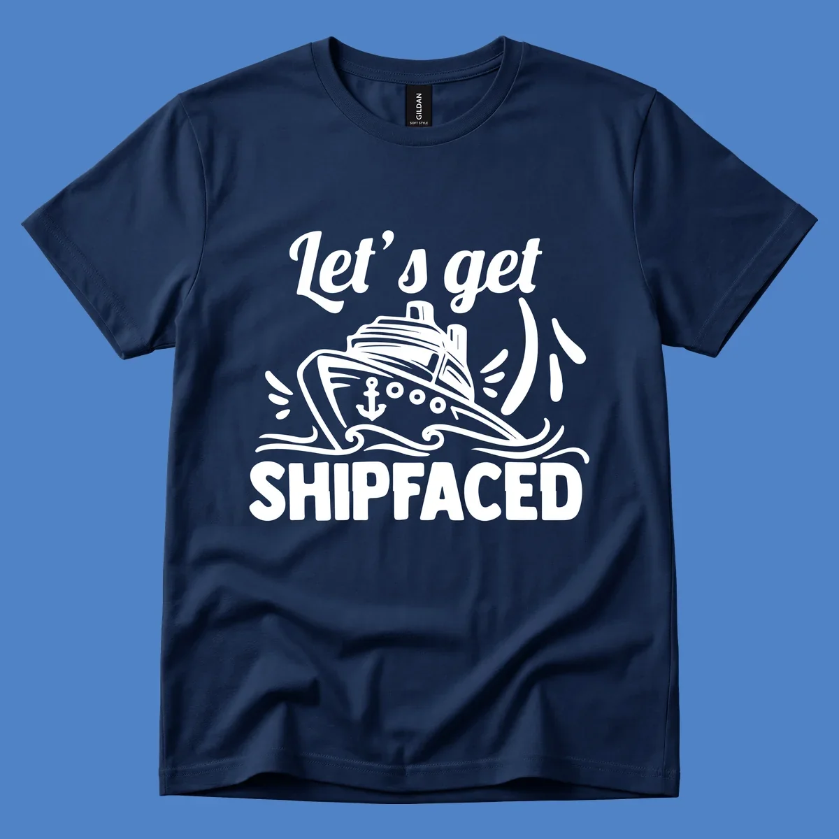 White illustration of a cruise ship with anchor and waves, text reads 'Let's get shipfaced' in bold italics on gray background