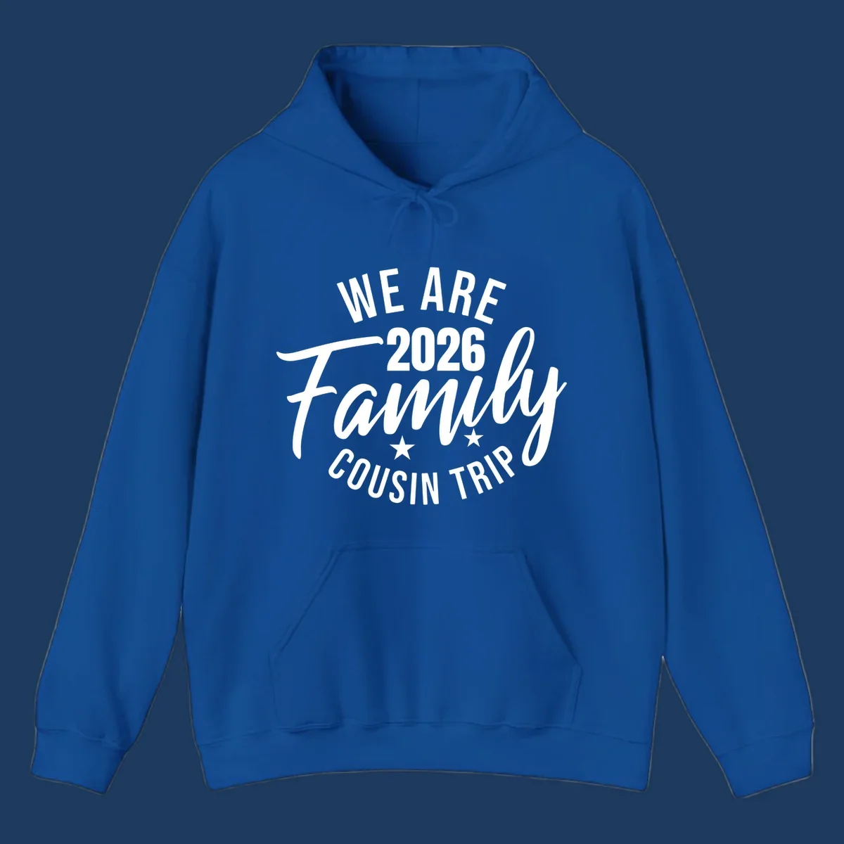 White text on gray background reading 'We Are 2026 Family Cousin Trip' with decorative stars, perfect for matching family cruise shirts.