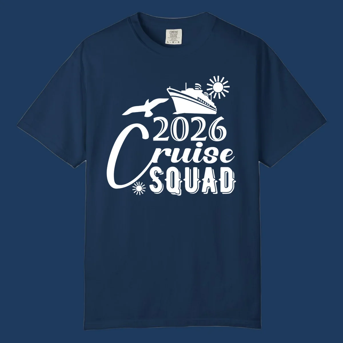 2026 Cruise Squad design with cruise ship, flying fish, and sun on gray background