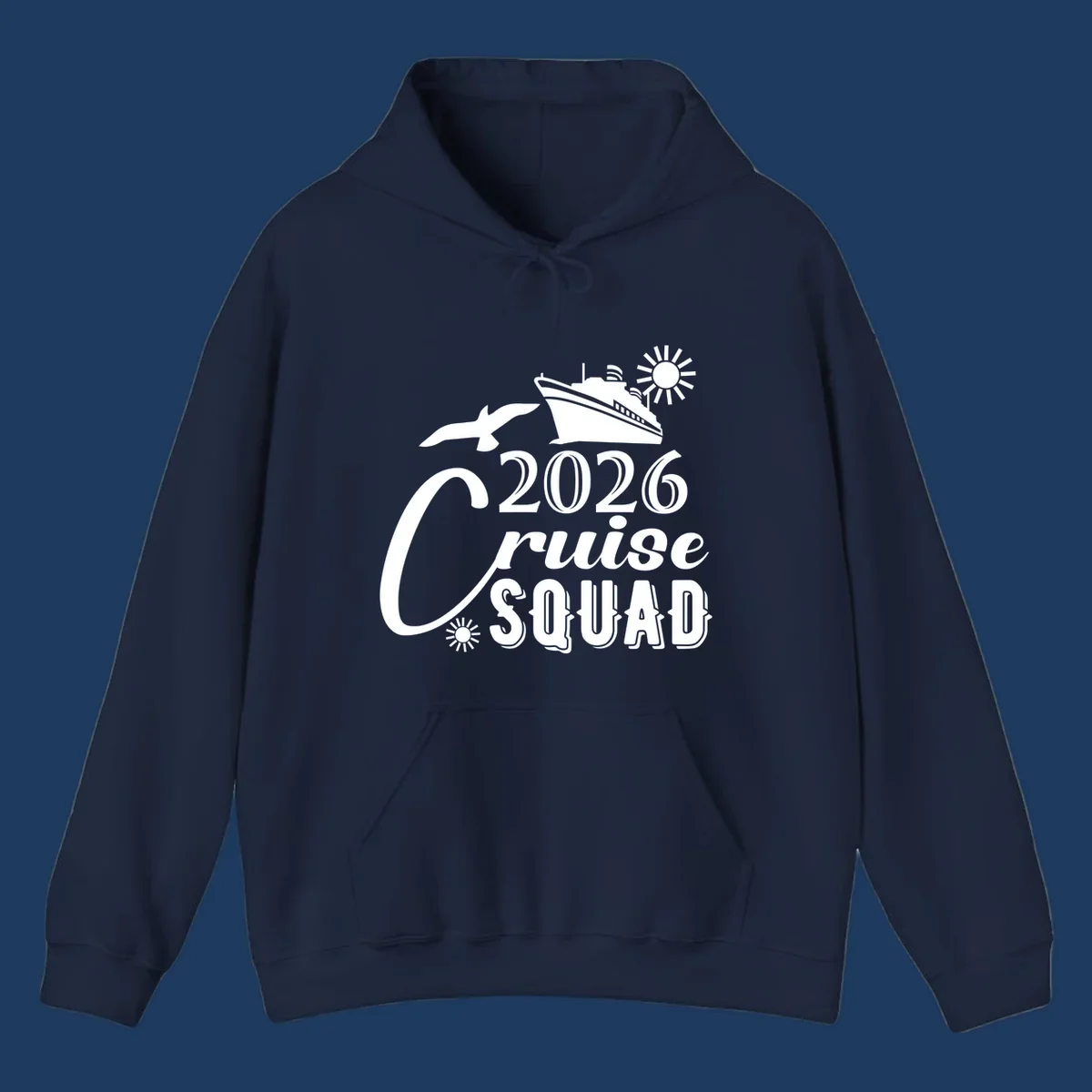 2026 Cruise Squad design with cruise ship, flying fish, and sun on gray background