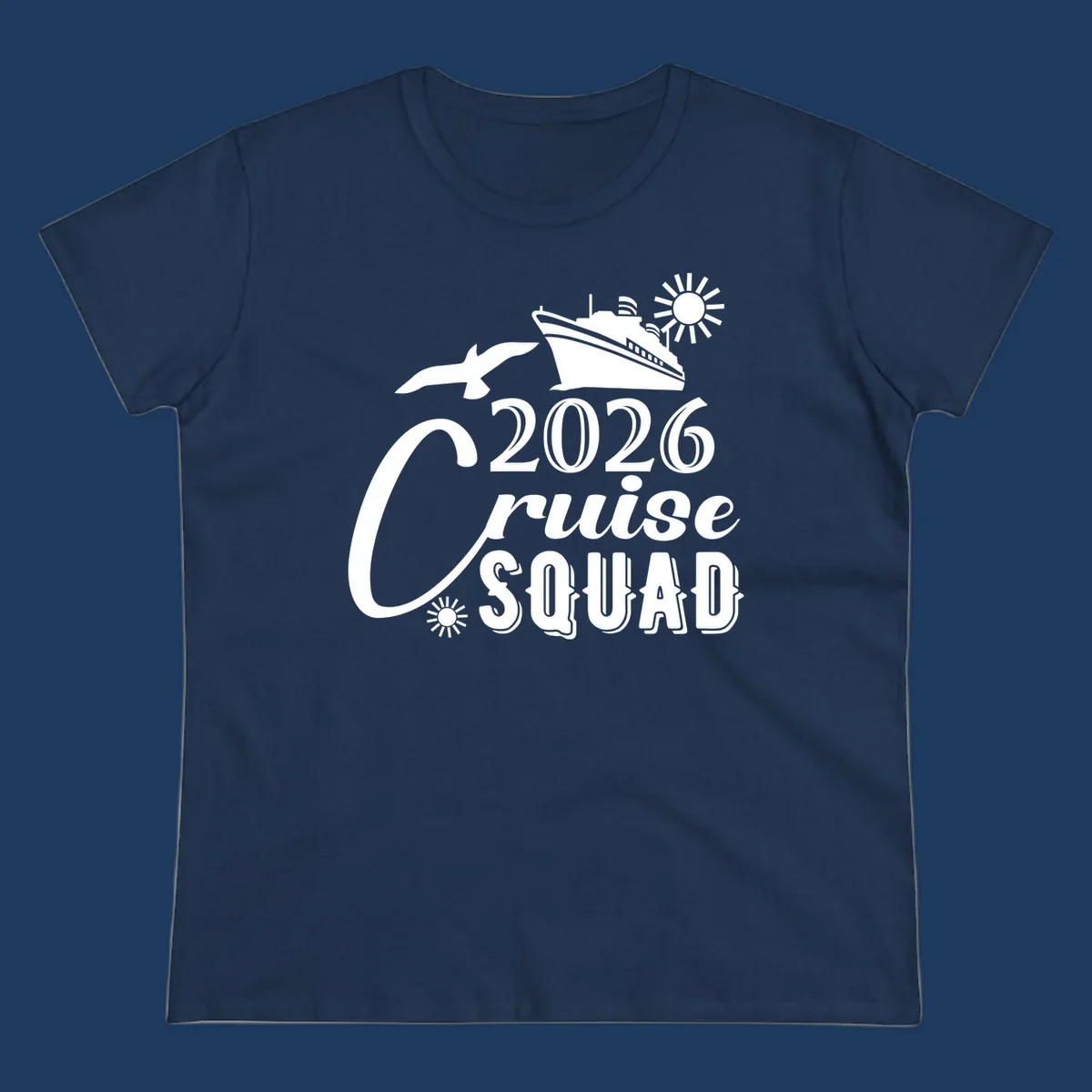 2026 Cruise Squad design with cruise ship, flying fish, and sun on gray background