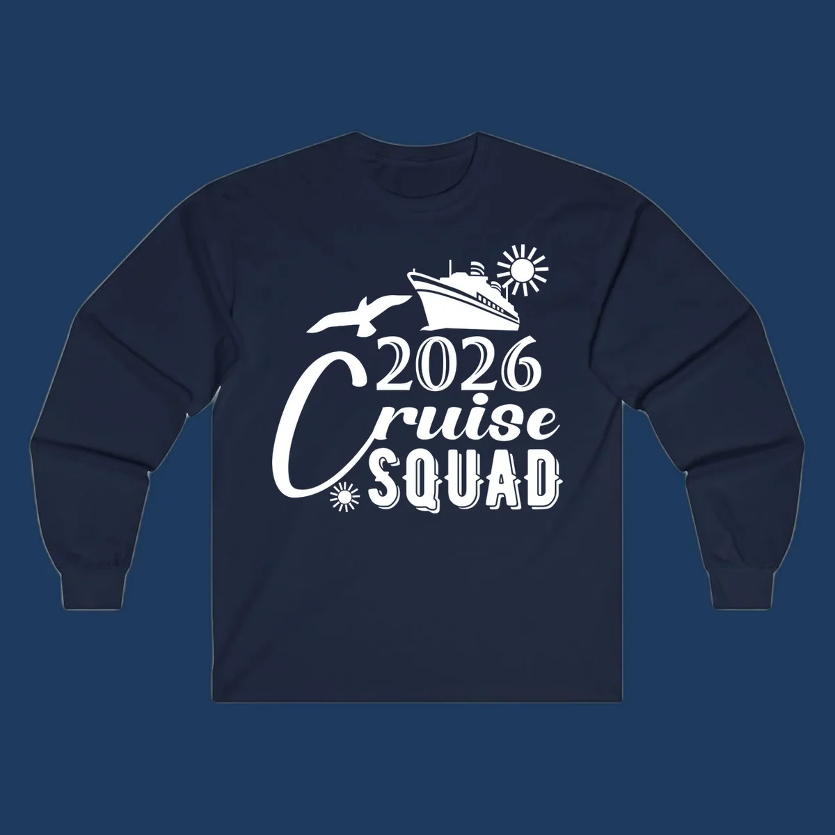 2026 Cruise Squad design with cruise ship, flying fish, and sun on gray background