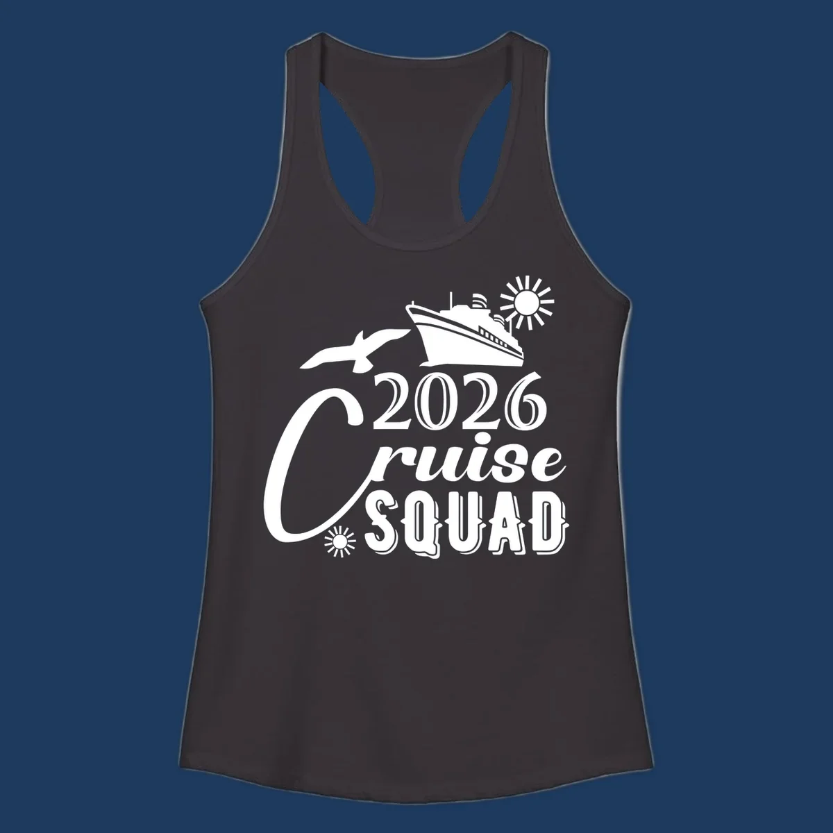 2026 Cruise Squad design with cruise ship, flying fish, and sun on gray background