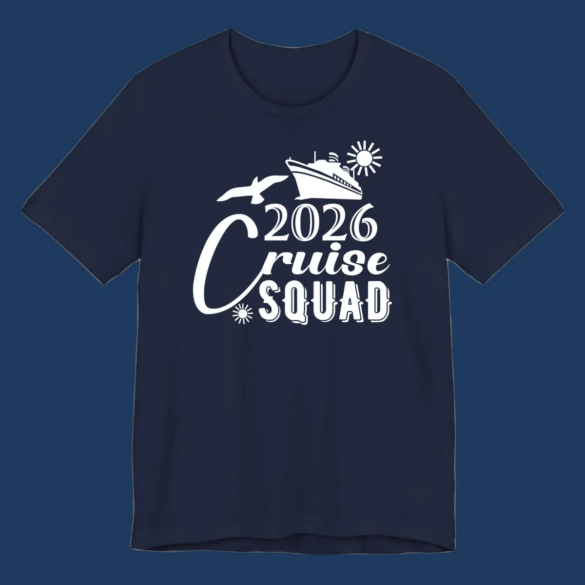 2026 Cruise Squad design with cruise ship, flying fish, and sun on gray background