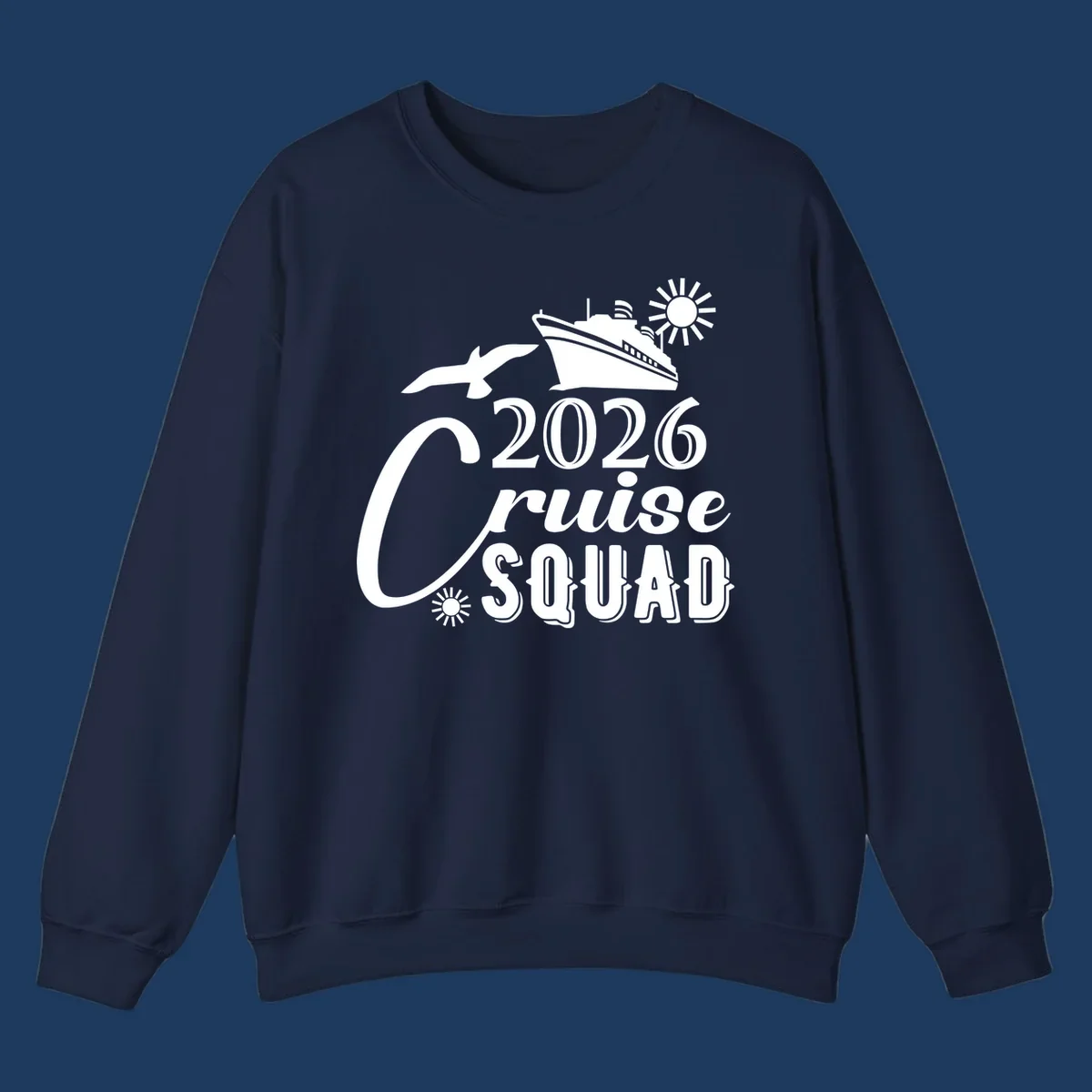2026 Cruise Squad design with cruise ship, flying fish, and sun on gray background