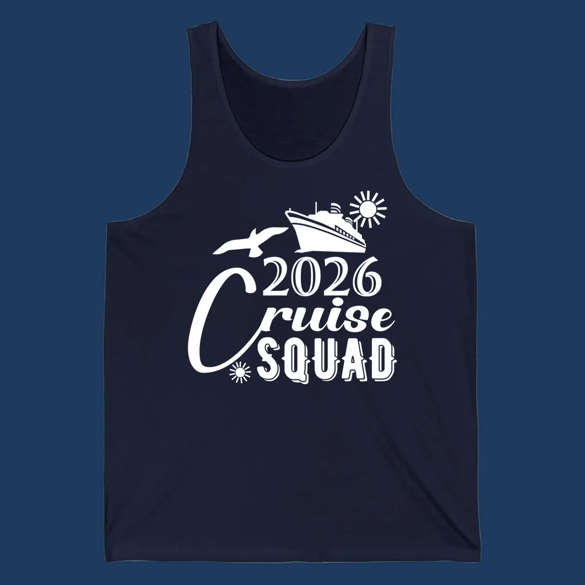 2026 Cruise Squad design with cruise ship, flying fish, and sun on gray background