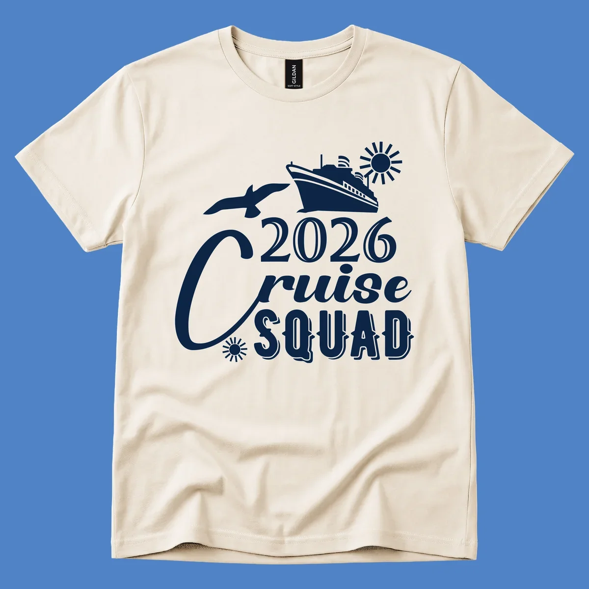 2026 Cruise Squad design with cruise ship, flying fish, and sun on gray background