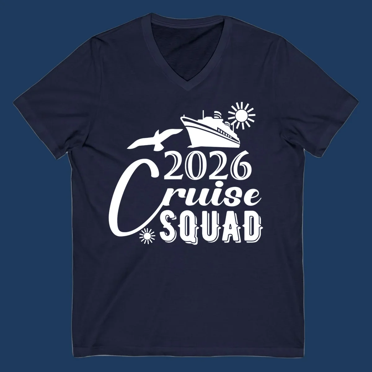 2026 Cruise Squad design with cruise ship, flying fish, and sun on gray background