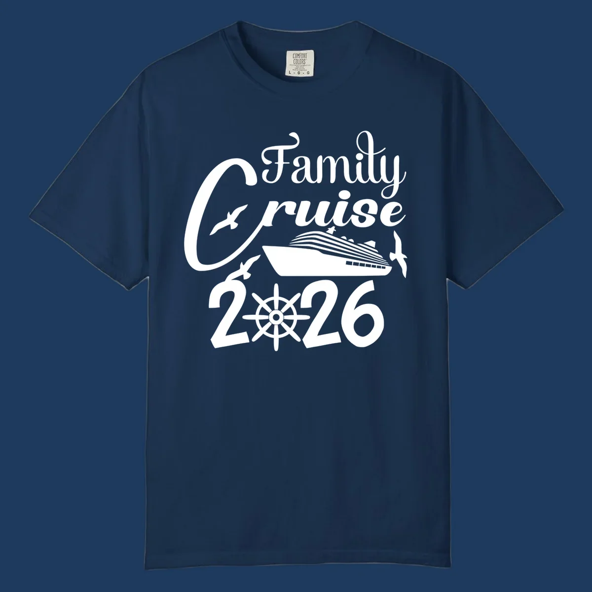 Family Cruise 2026 design with cruise ship, ship's wheel, and seagulls in white on gray background