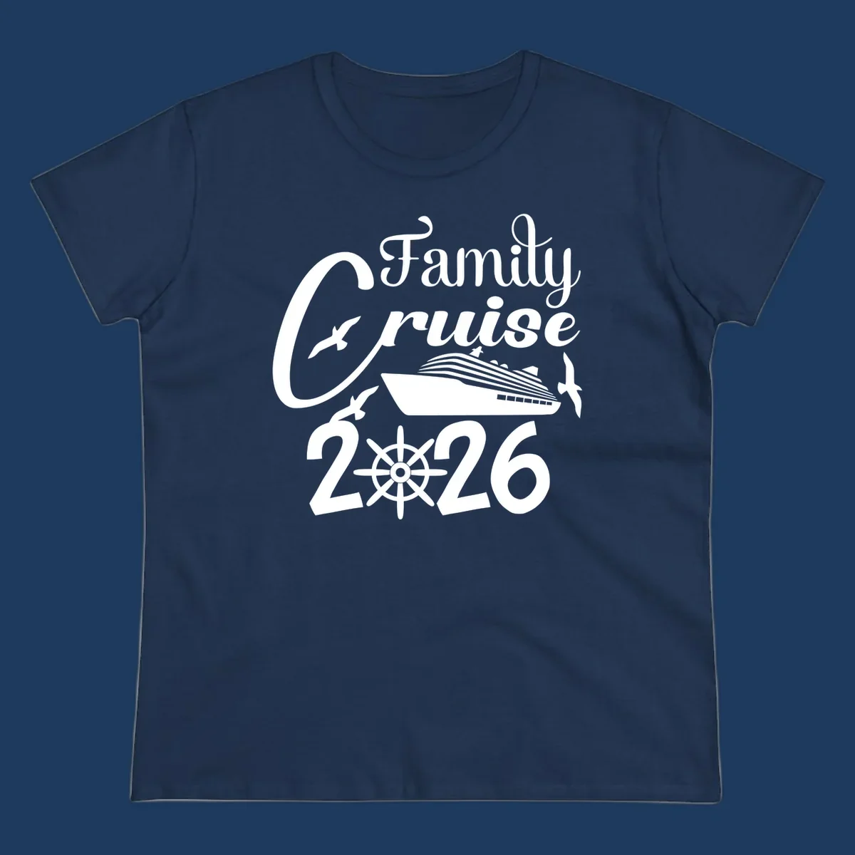 Family Cruise 2026 design with cruise ship, ship's wheel, and seagulls in white on gray background