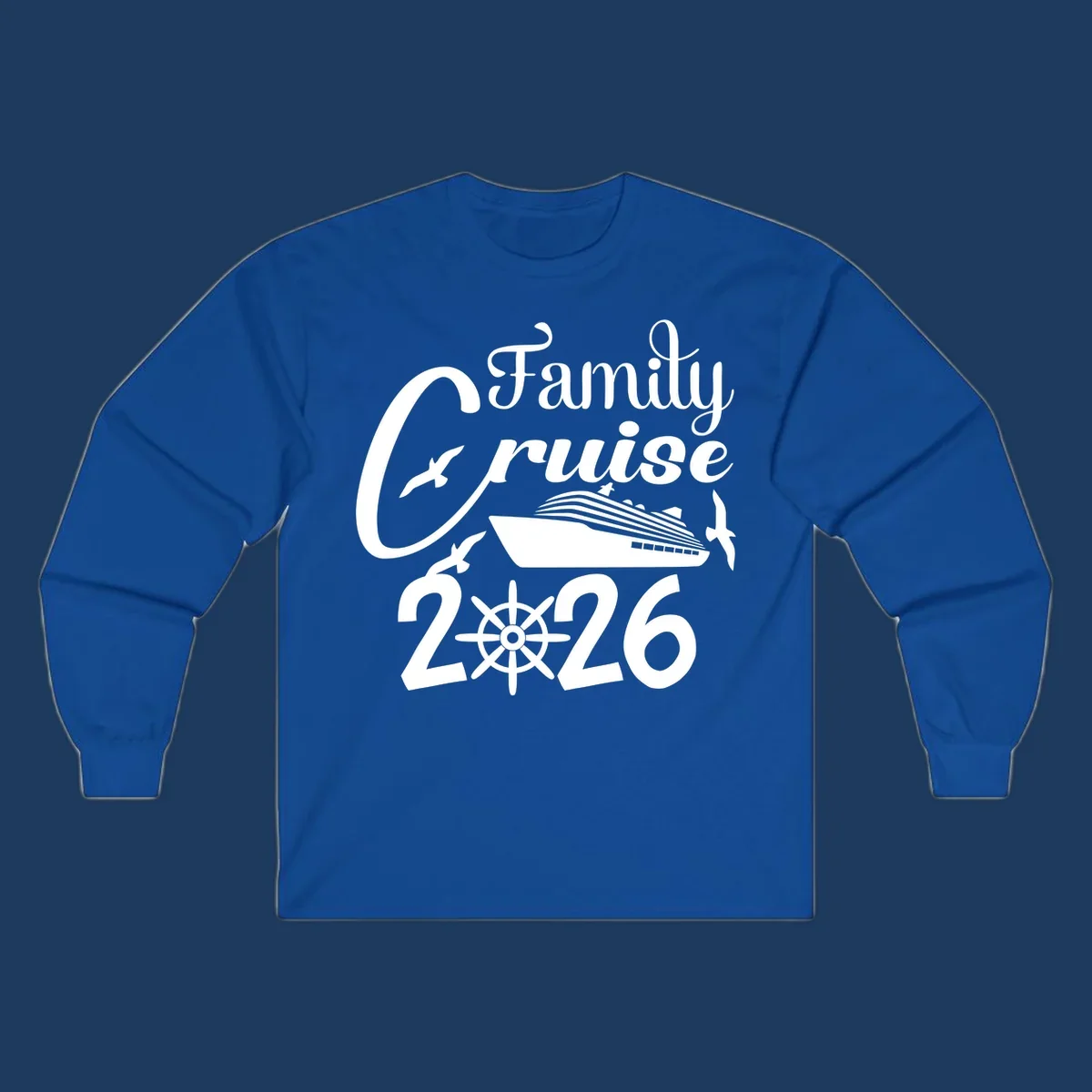 Family Cruise 2026 design with cruise ship, ship's wheel, and seagulls in white on gray background