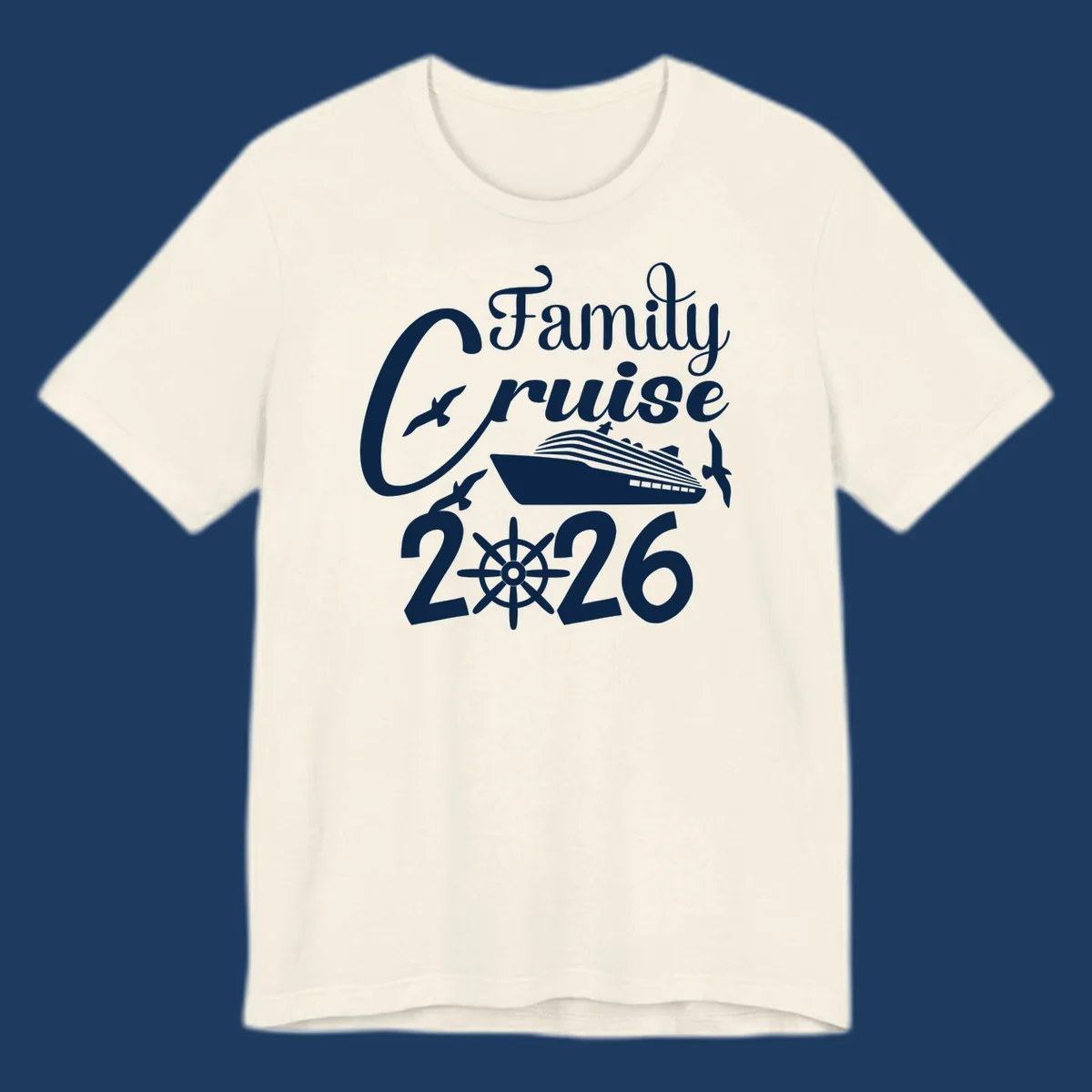 Family Cruise 2026 design with cruise ship, ship's wheel, and seagulls in white on gray background