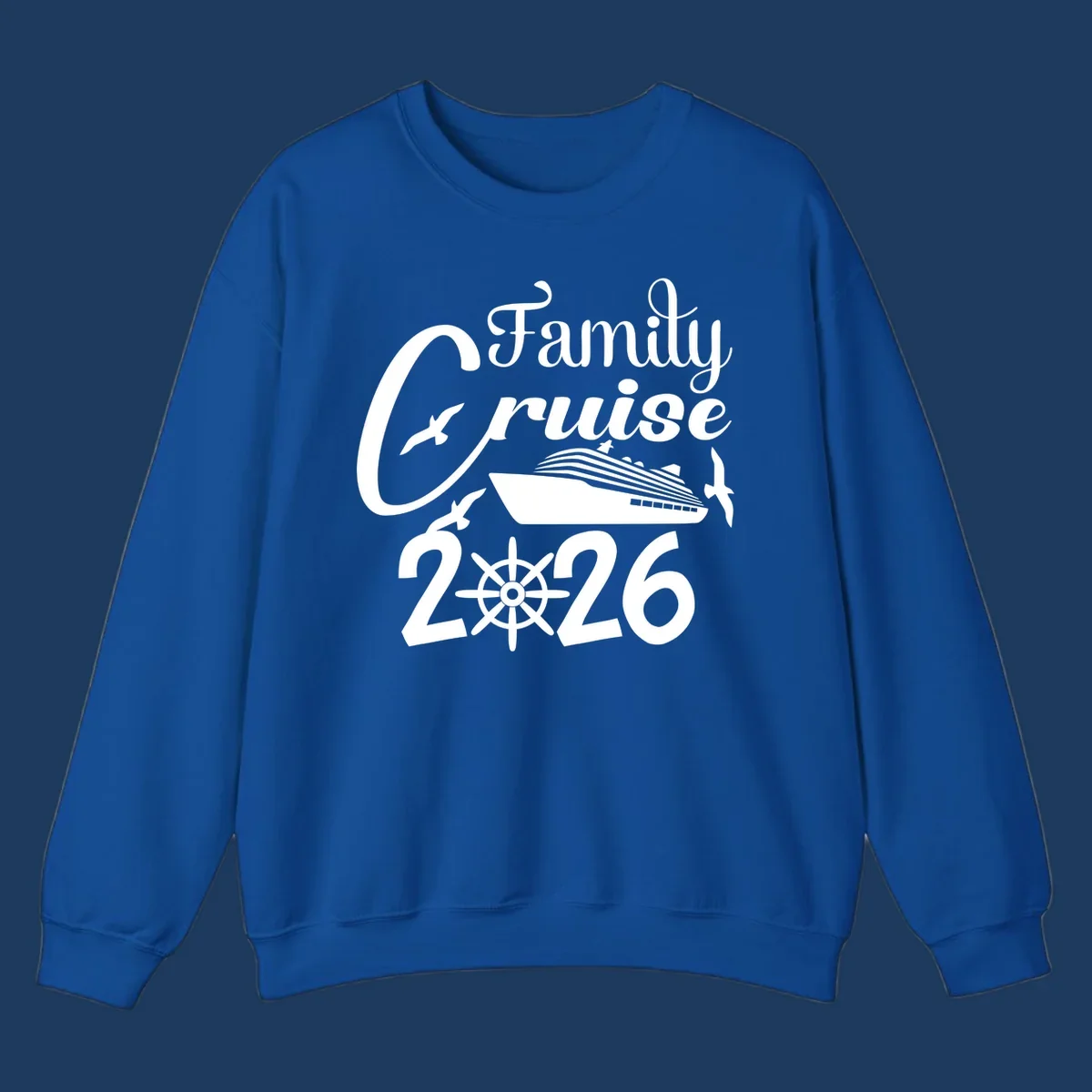 Family Cruise 2026 design with cruise ship, ship's wheel, and seagulls in white on gray background