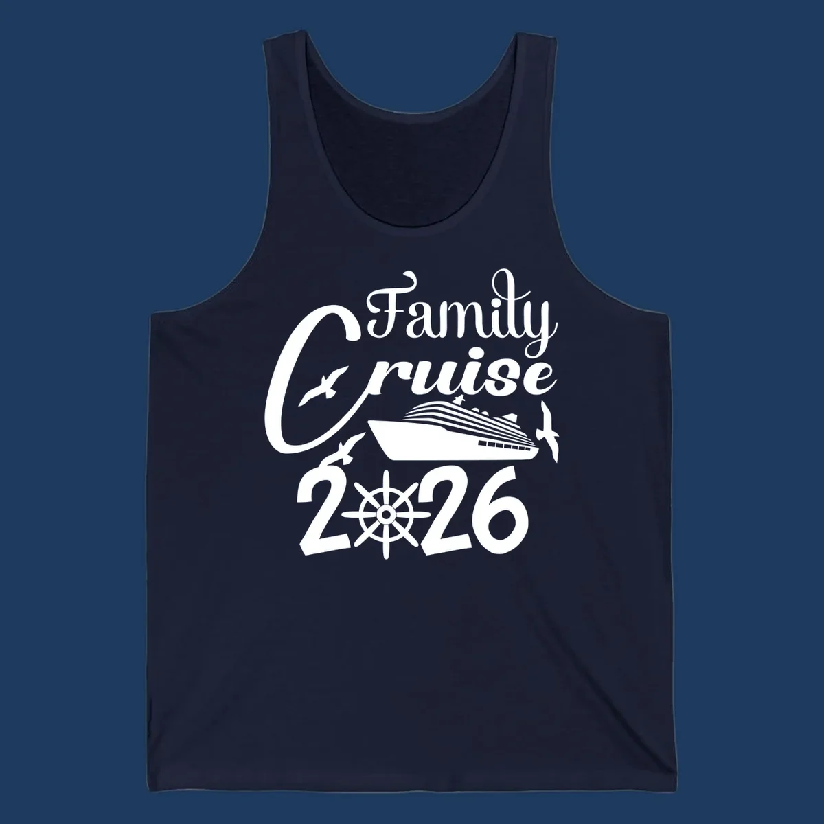 Family Cruise 2026 design with cruise ship, ship's wheel, and seagulls in white on gray background