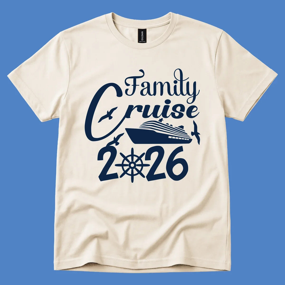 Family Cruise 2026 design with cruise ship, ship's wheel, and seagulls in white on gray background
