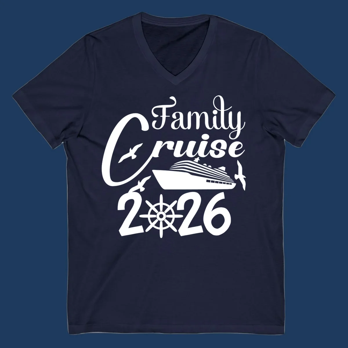Family Cruise 2026 design with cruise ship, ship's wheel, and seagulls in white on gray background