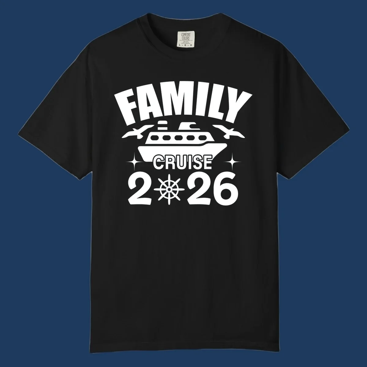Family cruise 2026 design with ship illustration, ship's wheel, and nautical stars on gray background