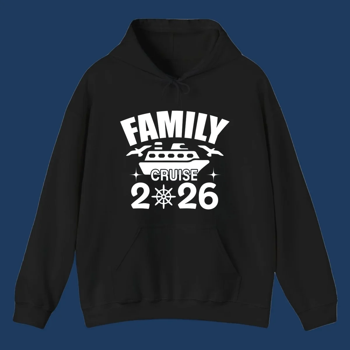 Family cruise 2026 design with ship illustration, ship's wheel, and nautical stars on gray background