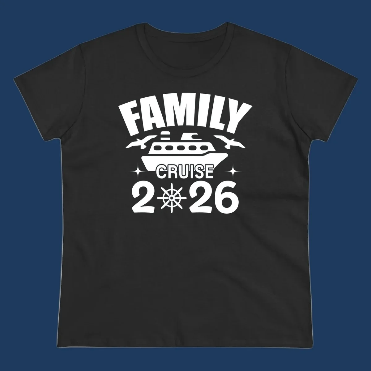 Family cruise 2026 design with ship illustration, ship's wheel, and nautical stars on gray background