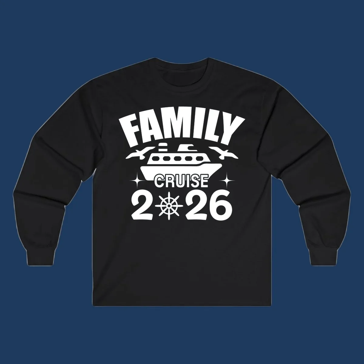 Family cruise 2026 design with ship illustration, ship's wheel, and nautical stars on gray background