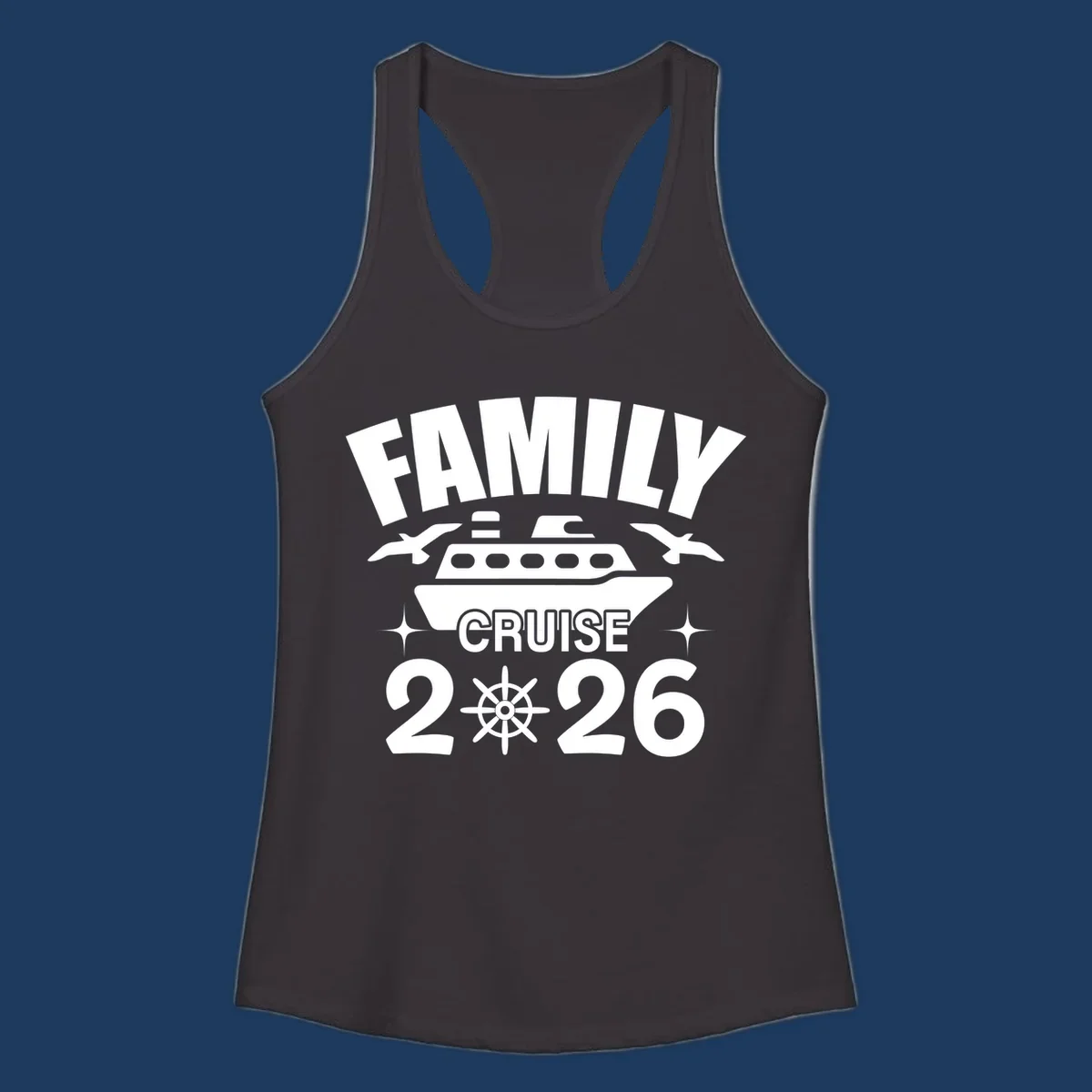 Family cruise 2026 design with ship illustration, ship's wheel, and nautical stars on gray background
