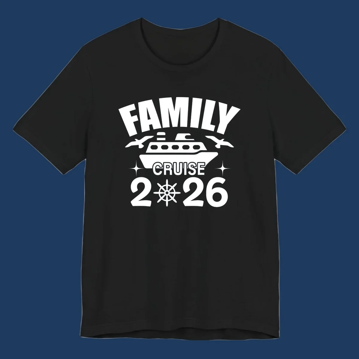 Family cruise 2026 design with ship illustration, ship's wheel, and nautical stars on gray background