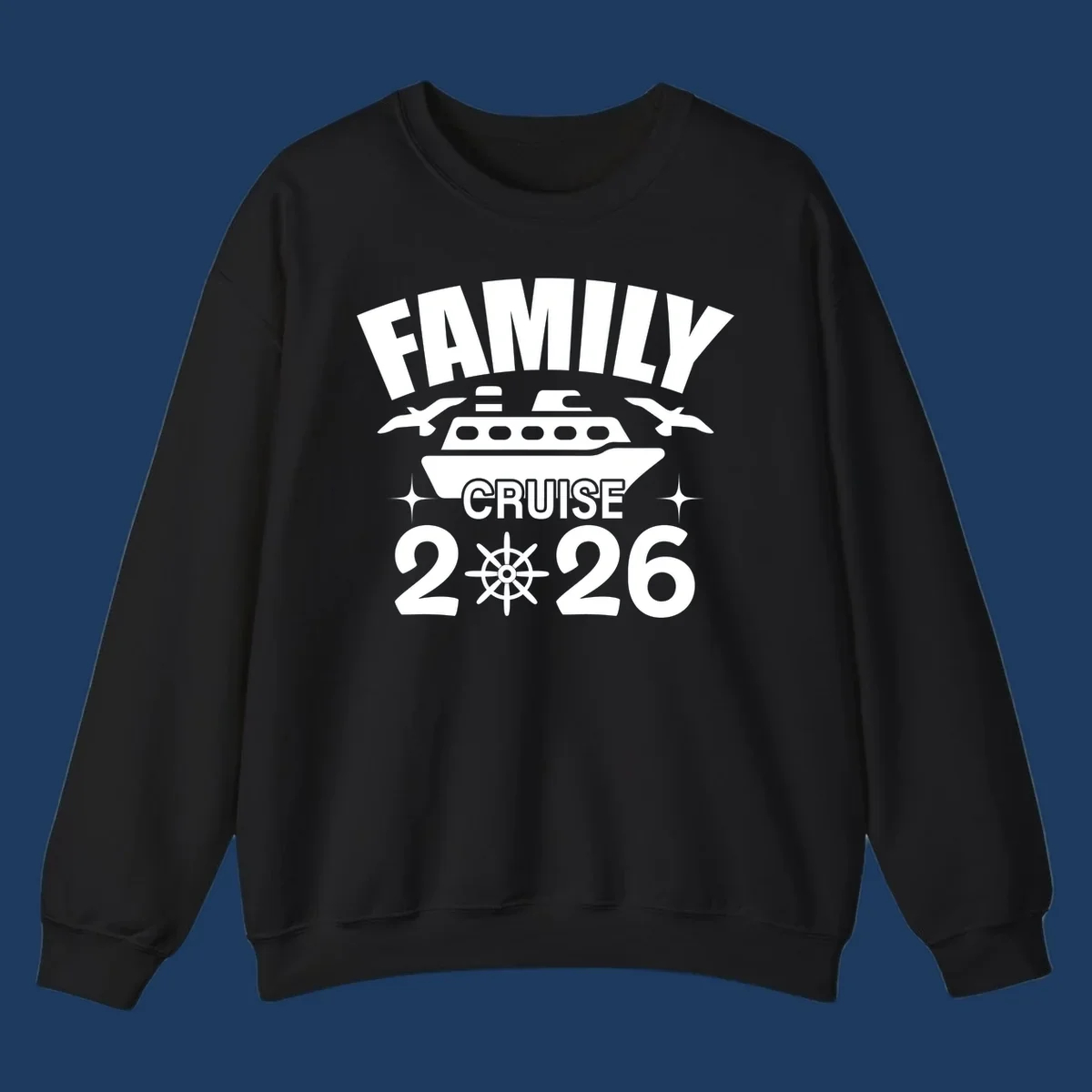 Family cruise 2026 design with ship illustration, ship's wheel, and nautical stars on gray background
