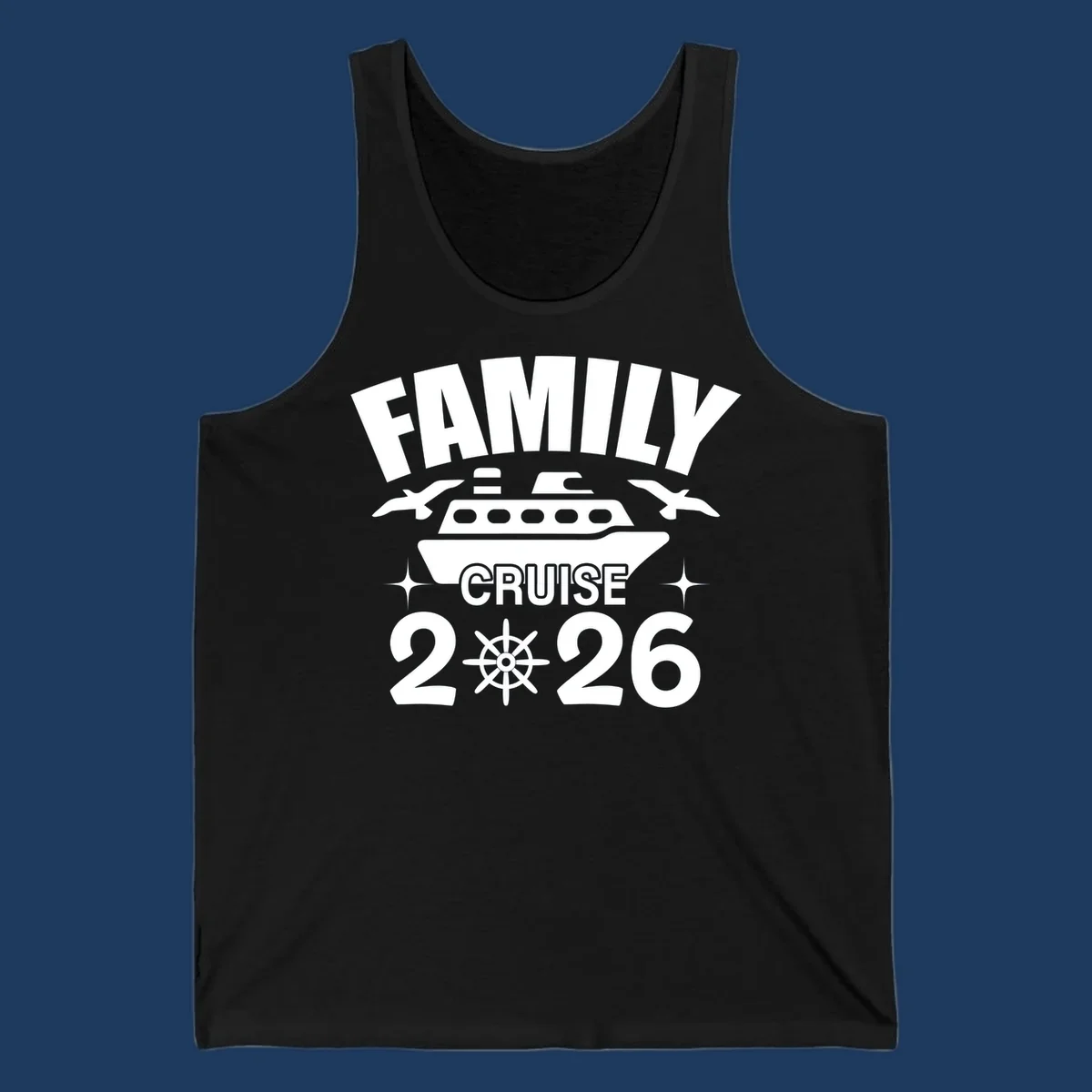 Family cruise 2026 design with ship illustration, ship's wheel, and nautical stars on gray background