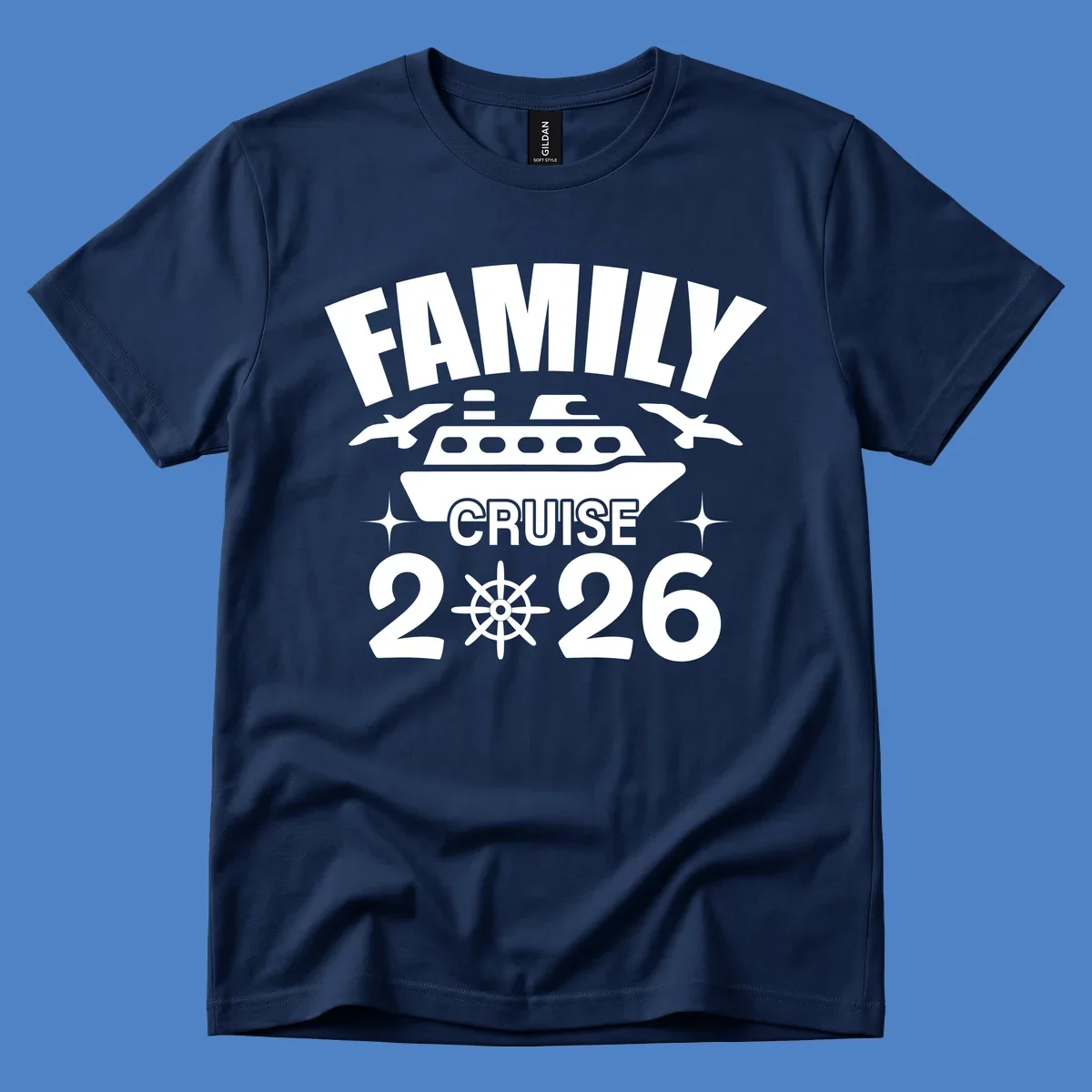 Family cruise 2026 design with ship illustration, ship's wheel, and nautical stars on gray background