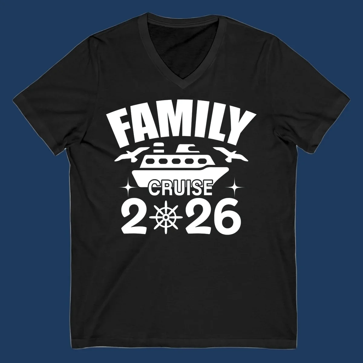Family cruise 2026 design with ship illustration, ship's wheel, and nautical stars on gray background