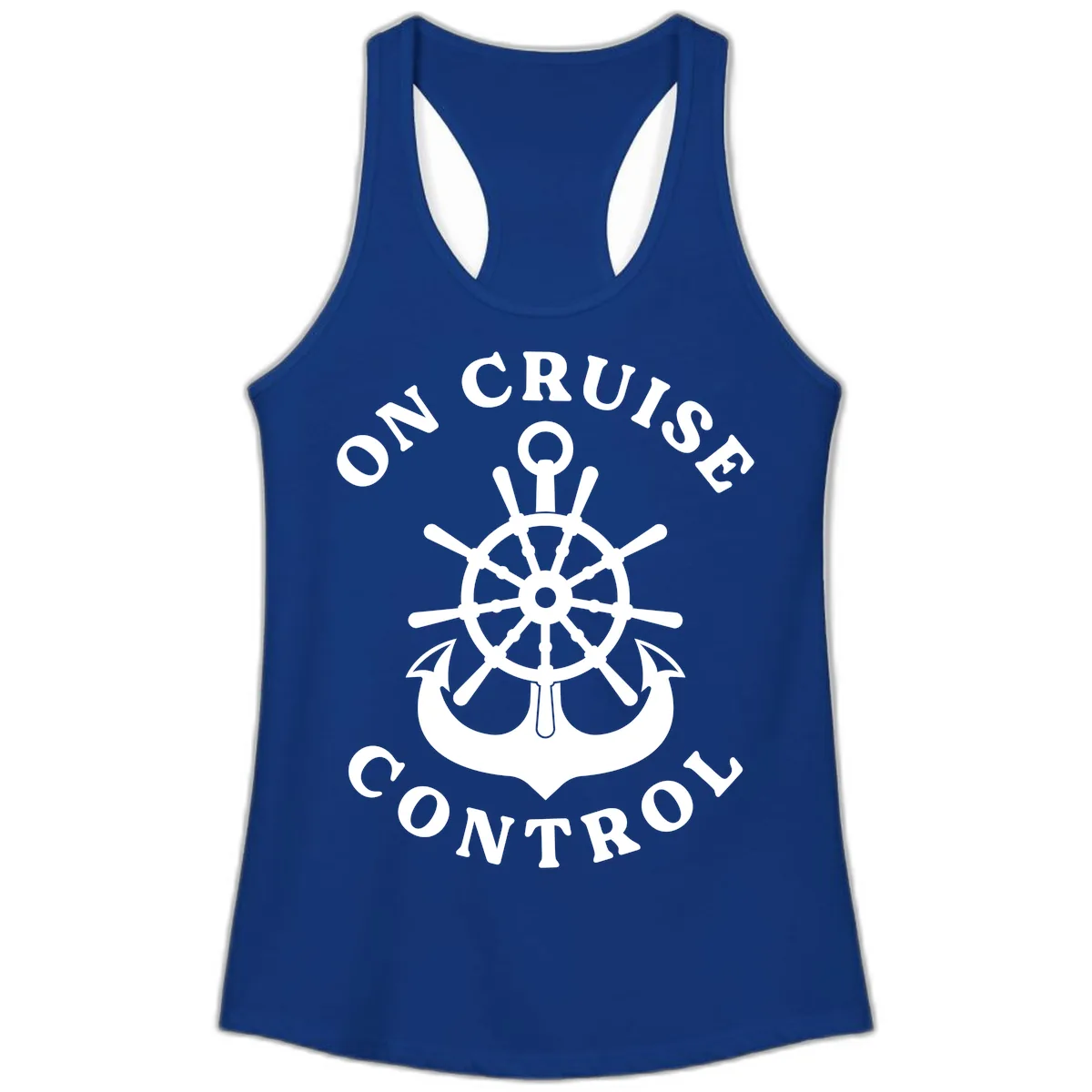 On Cruise Control Nautical Wheel Ladies Tank in Solid Royal