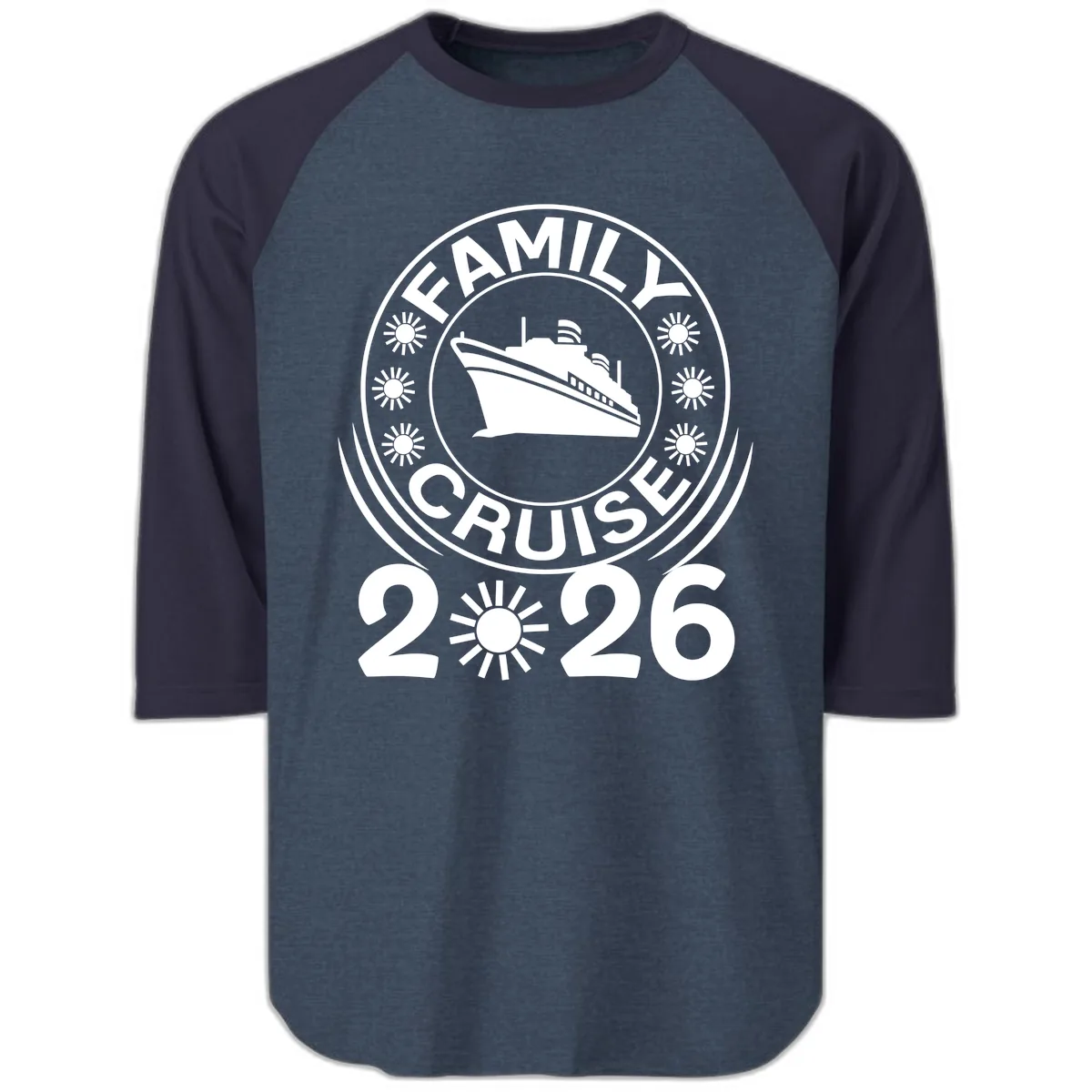 Family Cruise 2026 Badge Raglan 3/4 in Heather Denim Navy