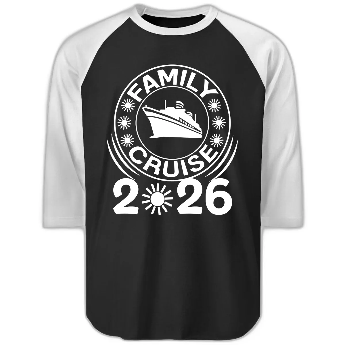 Family Cruise 2026 Badge Raglan 3/4 in Black White