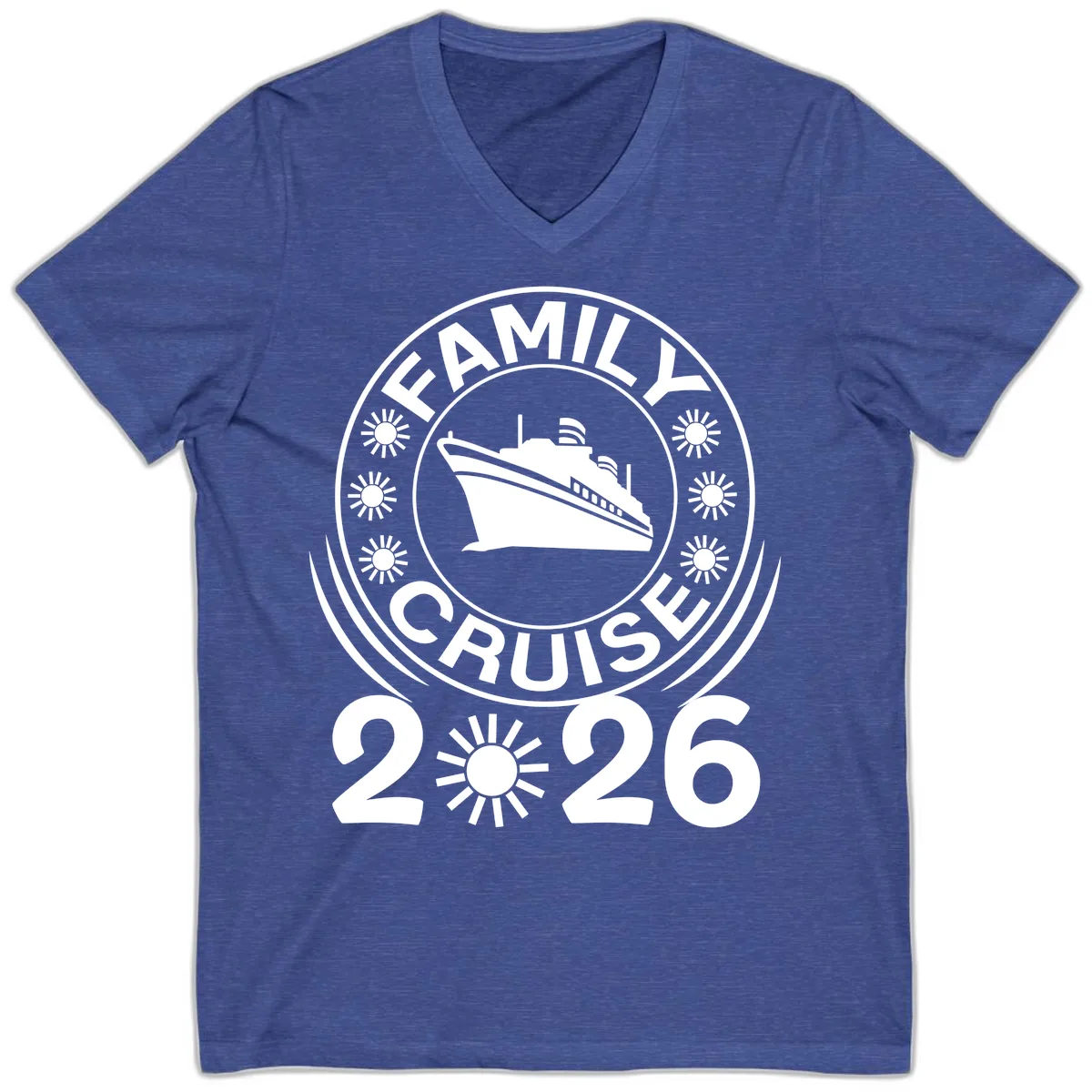 Family Cruise 2026 Badge V-Neck in Heather True Royal