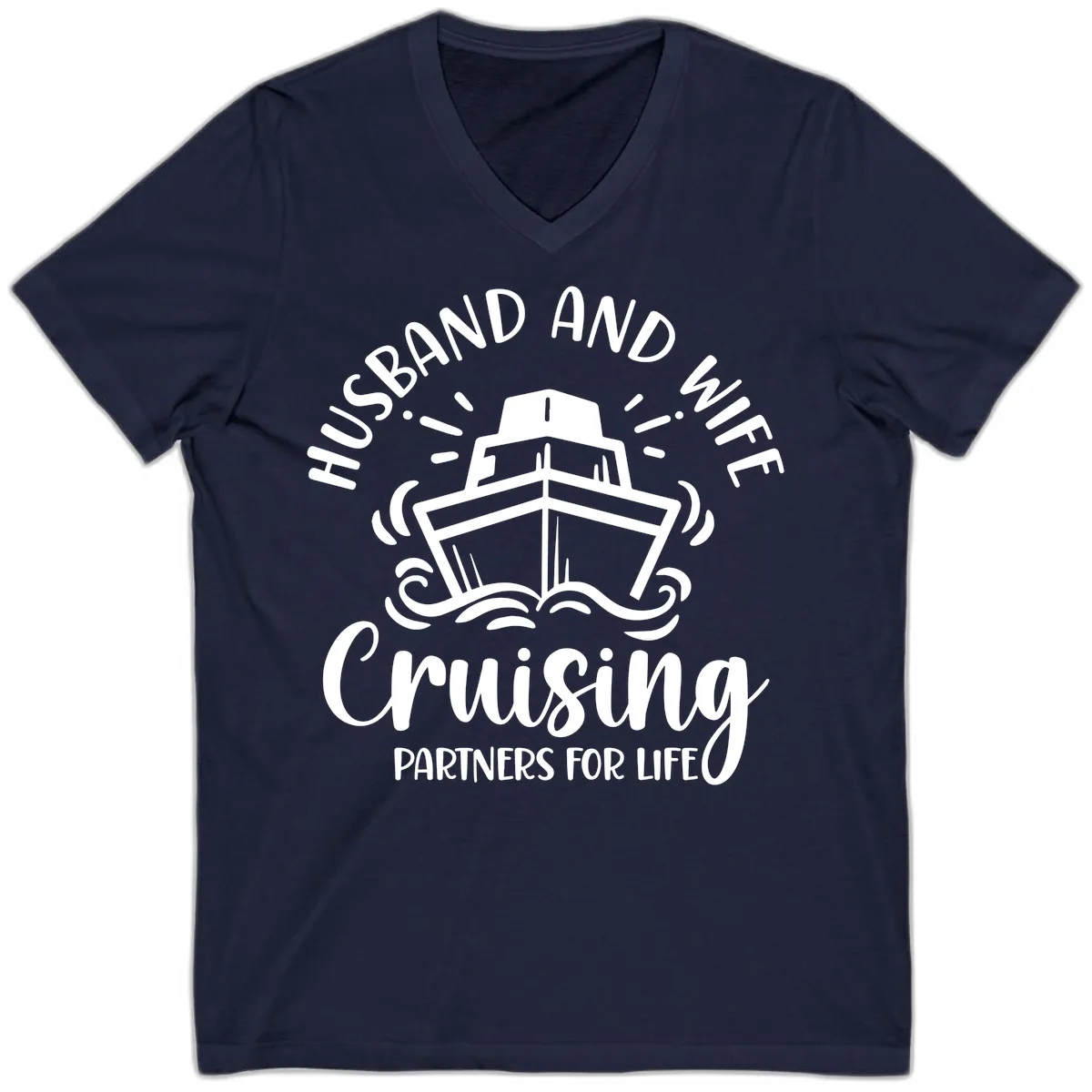 Husband And Wife Cruising Partners For Life V-Neck in Navy