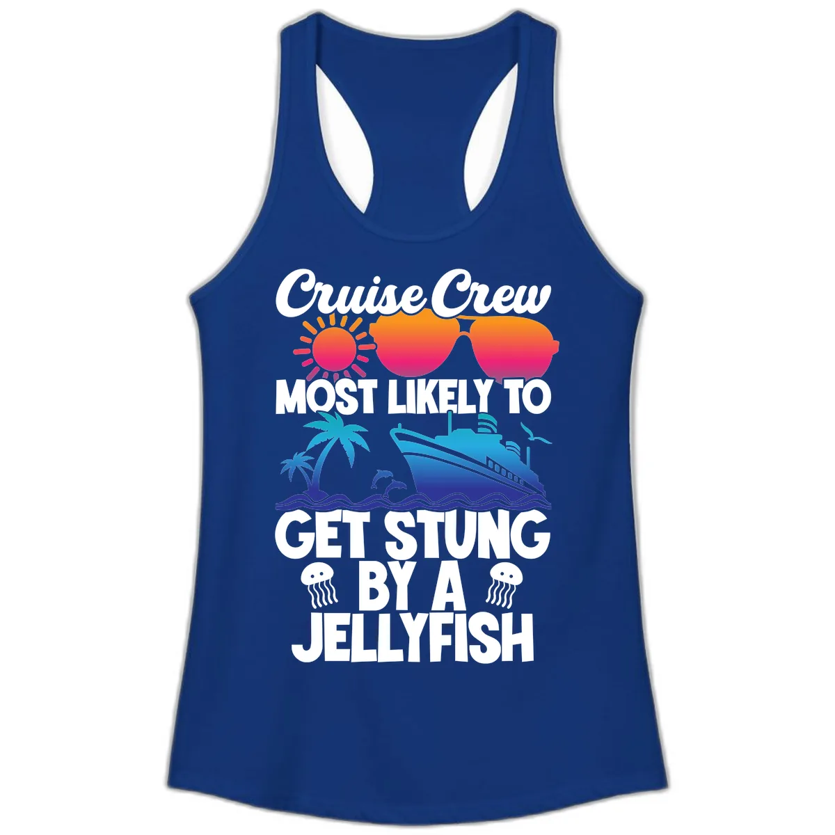 Most Likely To Get Stung By A Jellyfish Ladies Tank in Solid Royal