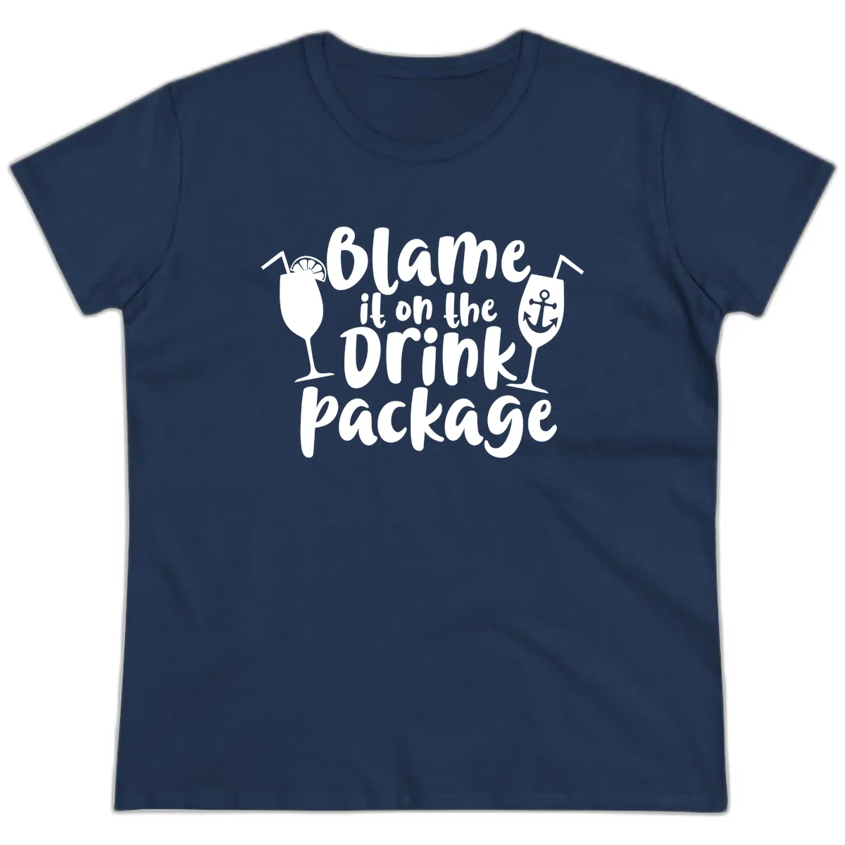 Blame It On The Drink Package Ladies Tee in Navy