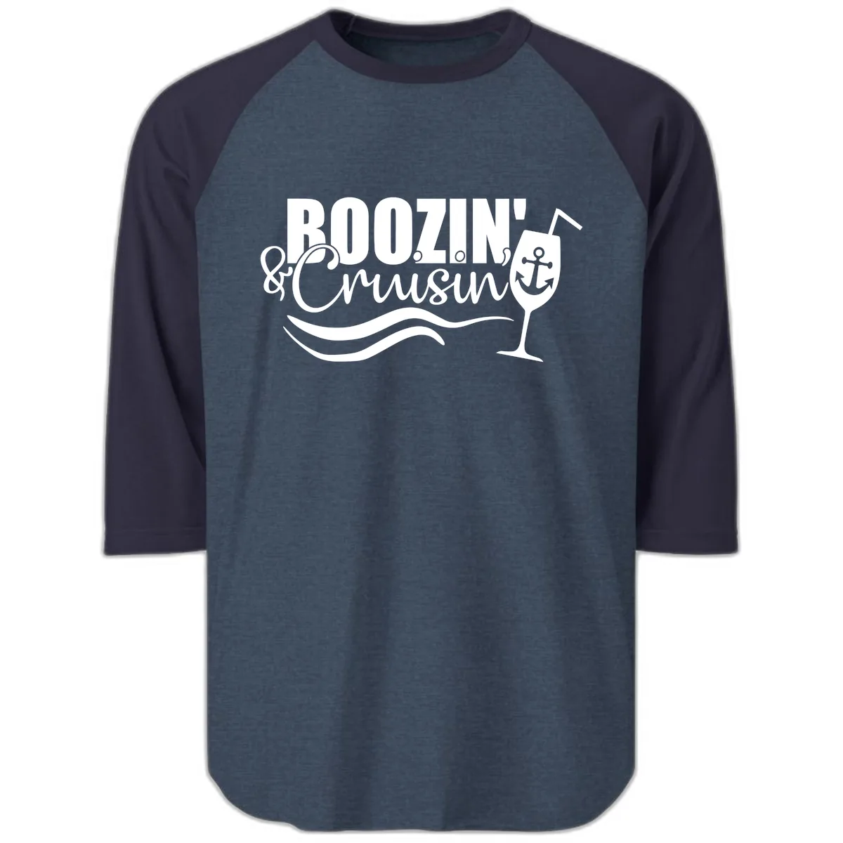 Boozin' & Cruising Nautical Design Raglan 3/4 in Heather Denim Navy